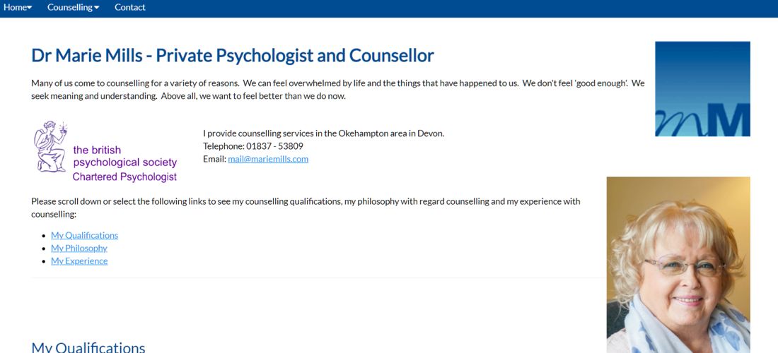 Screenshot of MArie Mills website homepage